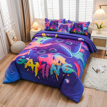 Aimuan Gaming Comforter Sets for Boys Kids Bedding Sets Video Games Console Action Buttons Novelty Colorful Game Gamepad Controller Modern Gamer Room Decor Home Quilt Set (Queen 6 Pcs,Purple)