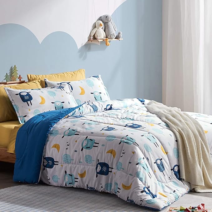SLEEP ZONE Kids Bedding Comforter Set Full/Queen Size - Super Cute & Soft Kids Bedding 7 Pieces Set with Comforter, Sheet, Pillowcase & Sham (Blue Sheep)