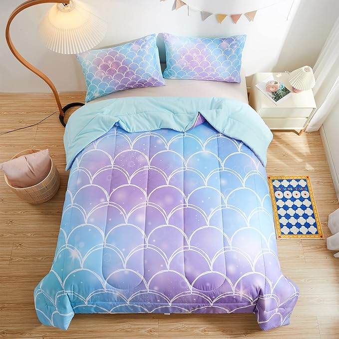 beeweed 3 Piece Kid Comforter Set Queen Size, Colorful Scale Bedding Set for Teen Boys Girls