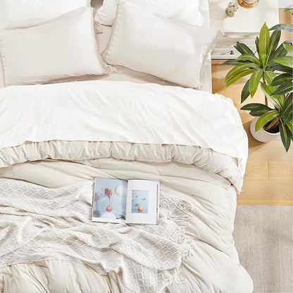 Andency Comforter Full Size Set Beige, 3 Pieces Boho Tassel Lightweight Bed Comforter Full, Soft All Season Fluffy Bed Set Gift Choice (79x90In Comforter & 2 Pillowcases)