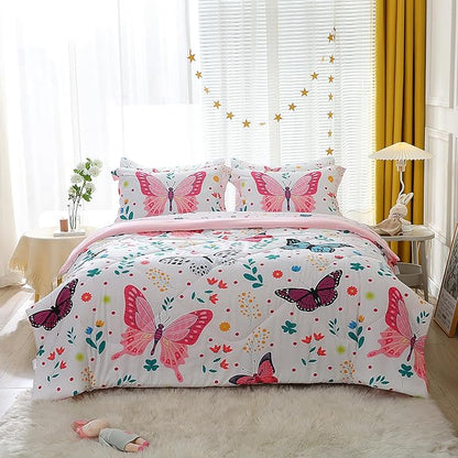 Girls Butterfly Comforter Set Queen Size 7 Piece Bed in A Bag Colorful Flowers Leaves Bedding Set for Kids Teens Super Soft All Season