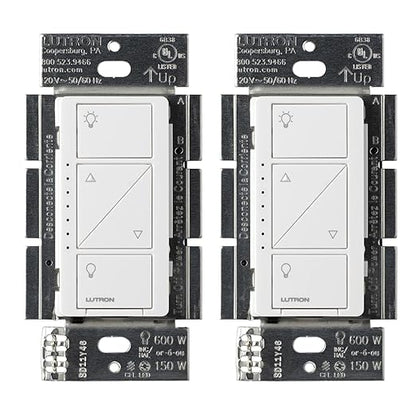 Lutron Caseta Smart Lighting Original Dimmer Switch (Lutron Smart Hub Required), for Light Bulbs, 150 Watt, Single-Pole/3-Way, No Neutral Required, PD-6WCL-WH-2, White, 2 Pack