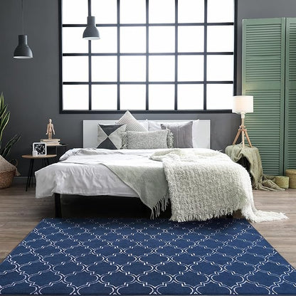 Chicrug Shag Geometric Modern Area Rug for Living Room, 7x10 Feet Large Memory Foam Indoor Carpet, Fluffy Rug for Bedroom Bedside Room Decor for Family Girls Kids Nursery, Navy/White