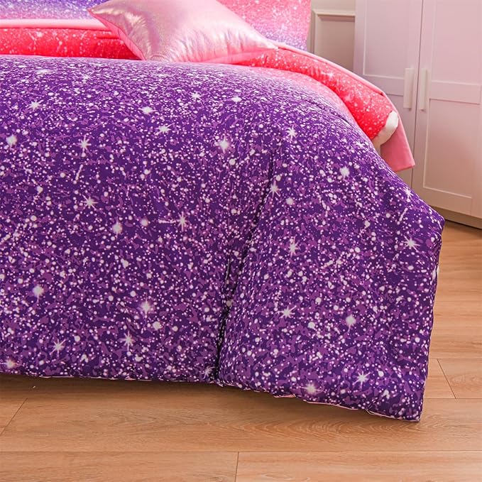 A Nice Night Girls Comforter Set Twin Size 6 Piece Bed in A Bag 3D Colorful Sparkle Galaxy Rainbow Bedding Comforter Sheet Sets for Kids,RedPurple