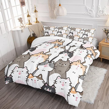 CVHOUSE Cat Bedding,Cartoon Cat Comforter Twin,Animals Print Comforter Set for Kids,Kawaii Quilt Set with 1 Comforter and 2 Pillow Cases