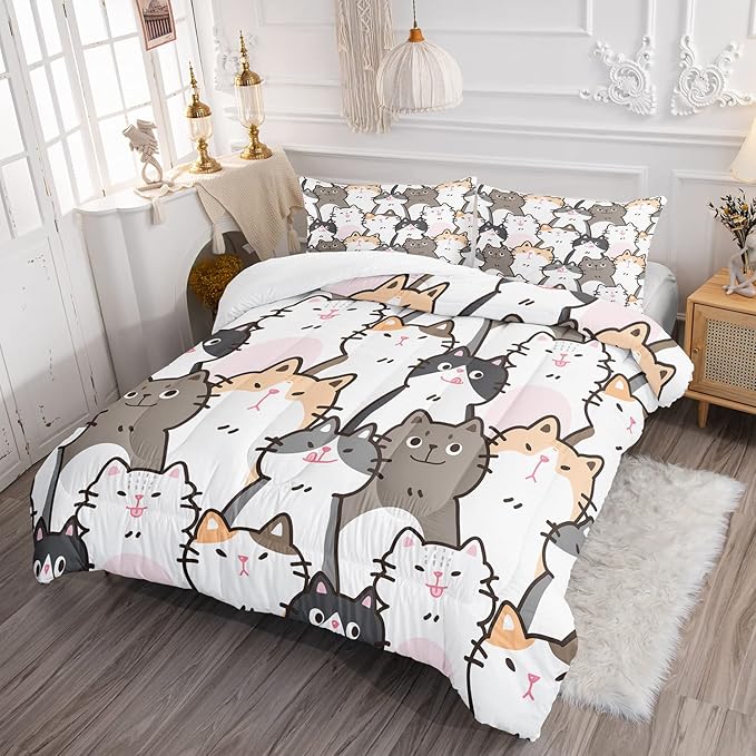 CVHOUSE Cat Bedding,Cartoon Cat Comforter Full,Animals Print Comforter Set for Kids,Kawaii Quilt Set with 1 Comforter and 2 Pillow Cases
