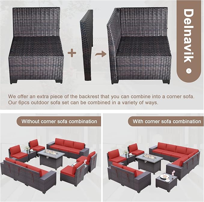 Patio Furniture Sectional Sofa Set 13-Pieces PE Rattan Patio Conversation Set w/43in Gas Fire Pit Table, Outdoor Furniture with 55000 BTU Propane Fire Pit, Red