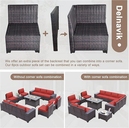 Patio Furniture Sectional Sofa Set 13-Pieces PE Rattan Patio Conversation Set w/43in Gas Fire Pit Table, Outdoor Furniture with 55000 BTU Propane Fire Pit, Red
