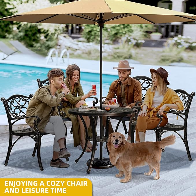 DWVO 5 Piece Outdoor Furniture Cast Aluminum Patio Dining Sets, All-Weather Patio Bistro Sets with 4 Chairs, 30 Inches Round Table with Umbrella Hole, Adjustable Feet for Balcony Backyard Deck Garden