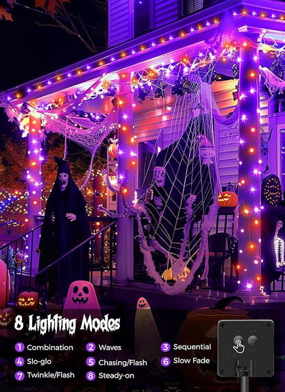 Minetom 2 Pack Solar Halloween Lights Outdoor, Total 80FT 200 LED Halloween String Lights with 8 Mode,Halloween Decoration Outdoor, Waterproof Solar String Lights for Outside Tree Yard,Orange & Purple