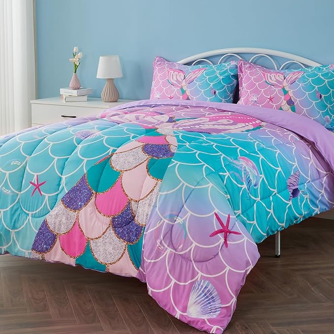 Twin/Twin XL Comforter Set for Girls Mermaid Tail Rainbow Scales Bedding Set 2 Pieces Twin Size Comforter with Pillowcase for Kids, Teenagers