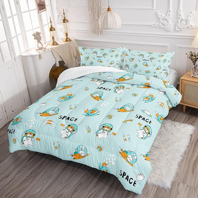 Kawaii Dog Rabbit Fox Comforter Set 3 Pieces Universe Galaxy Outer Space Bedding Set Astronaut Rocket Bed Quilt Set for Girls Boys Kids Blue