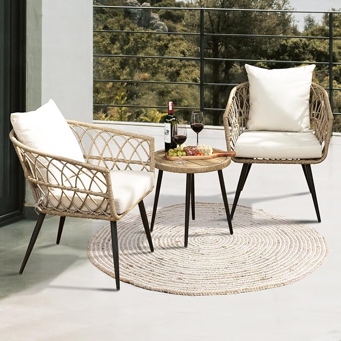 Heavy Duty 500lbs Weight Capacity Bistro Table and Chairs Set of 2 with Olefin Fabric Soft Cushions, Metal Wicker Armchairs Design