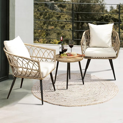 Heavy Duty 500lbs Weight Capacity Bistro Table and Chairs Set of 2 with Olefin Fabric Soft Cushions, Metal Wicker Armchairs Design
