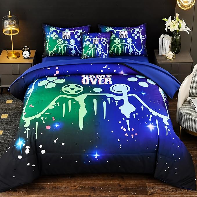 DORCAS Gamer Comforter Set with Sheets for Boys,Twin Size Gamer Bedding Set Boys,6 Pieces Graffiti Green Gaming Comforter Set for Boys Kids Teens(Green&Blue, Twin)