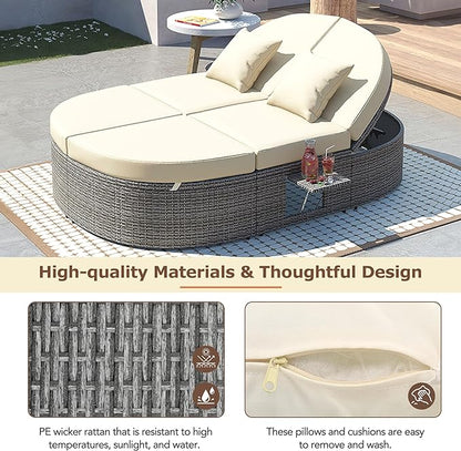 Outdoor DayBed Patio 2-Person Rattan Sun Bed Reclining Chaise Lounge with Adjustable Backrests, Foldable Cup Trays and Pillows, for Lawn,Poolside, Beige