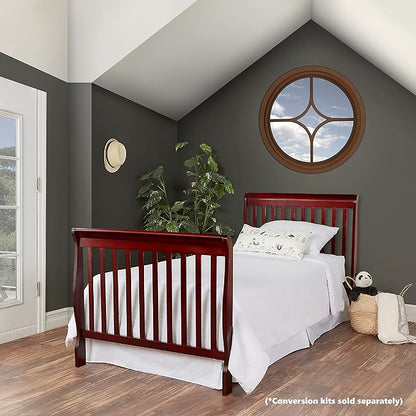 Aden 4-in-1 Convertible Mini Crib In Cherry, Greenguard Gold Certified, Non-Toxic Finish, New Zealand Pinewood, With 3 Mattress Height Settings