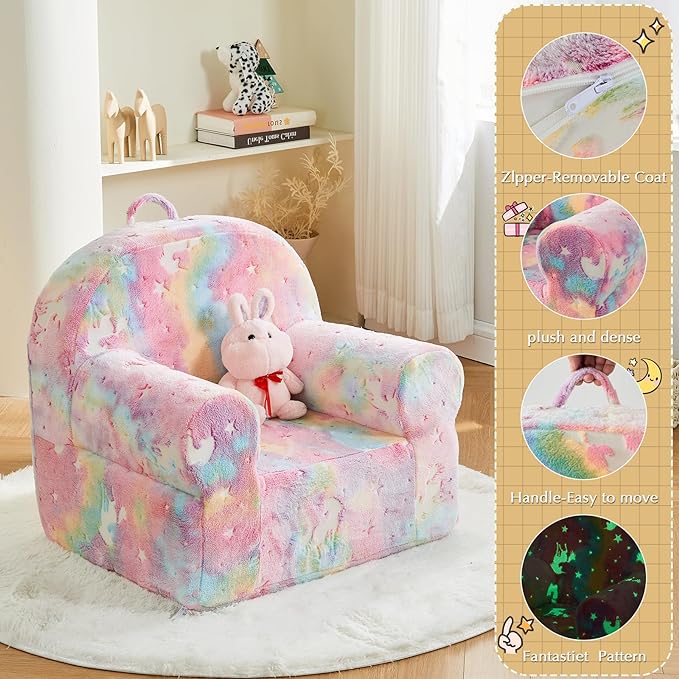 Toddler Chair Kids Plush Chair Sherpa Kids Chairs, Toddler Couch Bean Bag Chairs for Kids Gaming Chair for Kids Glow in The Dark, Rainbow Pink