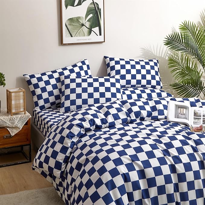 Wellboo Blue White Plaid Comforter Sets California King Diamond Royal Blue and White Checkerboard Grid Bedding Comforters Cal King Cotton Modern Jewelry Blue Checkered Geometric Quilts Sapphire Bed