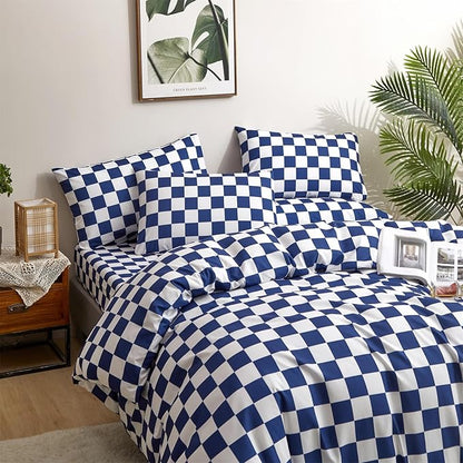 Wellboo Blue and White Comforter Sets Queen Women Men Diamond Royal Blue Checkerboard Grid Bedding Comforters Cotton Modern Jewelry Blue Checkered Geometric Quilts Luxury Sapphire Buffalo Plaid Bed