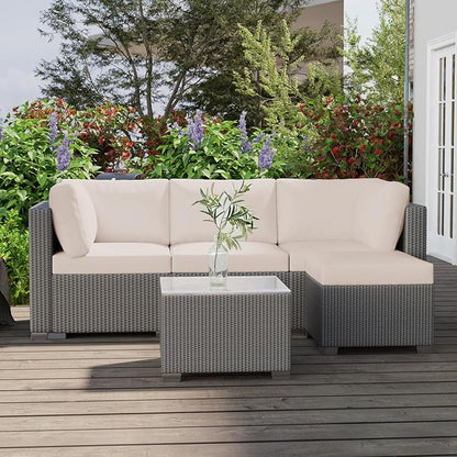 GAOMON 5-Piece Outdoor Patio Rattan Wicker Sofa Set, Pe Rattan Conversation Sectional with Thickened Back Cushion, Glass Tabletop, Ottoman - Ideal for Courtyard Space, Beige