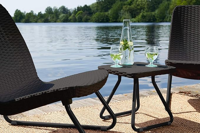 Keter Rio 3 Piece Resin Wicker Patio Furniture Set with Side Table and Outdoor Chairs, Dark Grey