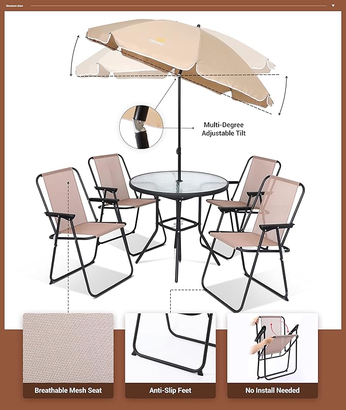 Nice C Outdoor Dining Sets, Patio Furniture Set, 8 Piece Set with Umbrella, Garden Outdoor Furniture Table Set with Tilted Removable Umbrella, Glass Table, and 6 Folding Chairs (Beige-6 Piece)