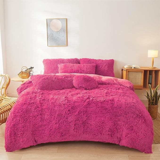 FOPPA Hot pink fluffy Comforter Cover Set king- Ultra Soft fluffy hot pink Bedding Sets 3 Pieces (1 Duvet Cover + 2 Pillow case) hot pink fluffy bed set (Hot pink, King)
