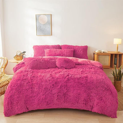 FOPPA Hot pink fluffy Comforter Cover Set king- Ultra Soft fluffy hot pink Bedding Sets 3 Pieces (1 Duvet Cover + 2 Pillow case) hot pink fluffy bed set (Hot pink, King)