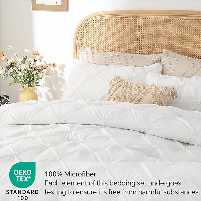 BEDELITE White King Size Comforter Set - 3 Pieces Boho Pintuck Bedding Comforter Sets, Lightweight Soft & Warm King Bedding Set with 2 Pillowcases for All Season