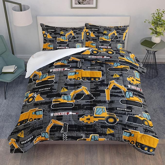 Datura home Kids Engineering Car Bedding Comforter Set Tractor Truck Printed Pattern Bedding Set with 1 Comforter and 2 Pillowcases for Boys Bedroom All Season(Truck2 Full) Full 80x90inches
