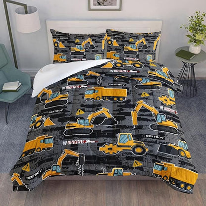 Datura home Kids Engineering Car Bedding Comforter Set Tractor Truck Printed Pattern Bedding Set with 1 Comforter and 2 Pillowcases for Boys Bedroom All Season(Truck2 Full) Full 80x90inches