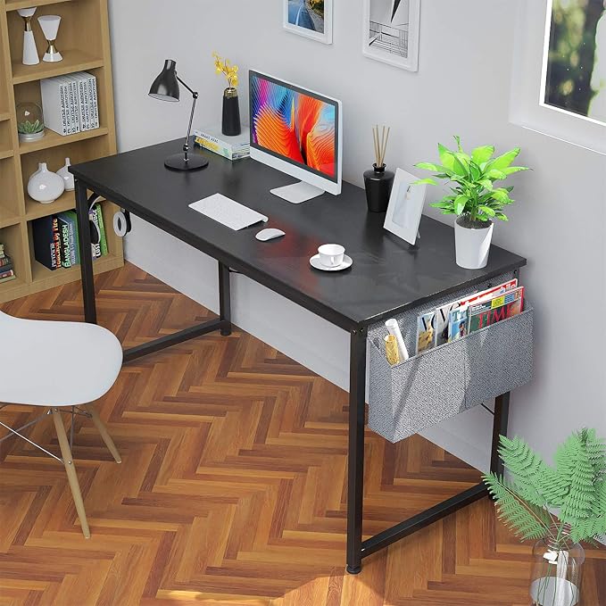Foxemart Computer Desk 47" Office Desks Writing Study Desk Modern Simple PC Laptop Notebook Table with Storage Bag and Iron Hook for Home Office Workstation, Black