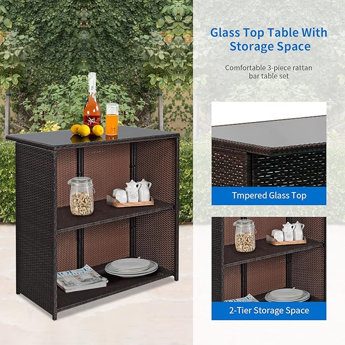 FDW 3PCS Patio Bar Set Outdoor Furniture Set Wicker Bistro Set with Two Stools for Patio Backyard Balcony,Blue Cushion