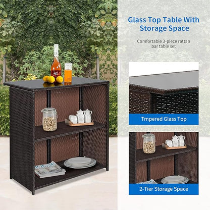 FDW 3PCS Patio Bar Set Outdoor Furniture Set Wicker Bistro Set with Two Stools for Patio Backyard Balcony,Blue Cushion