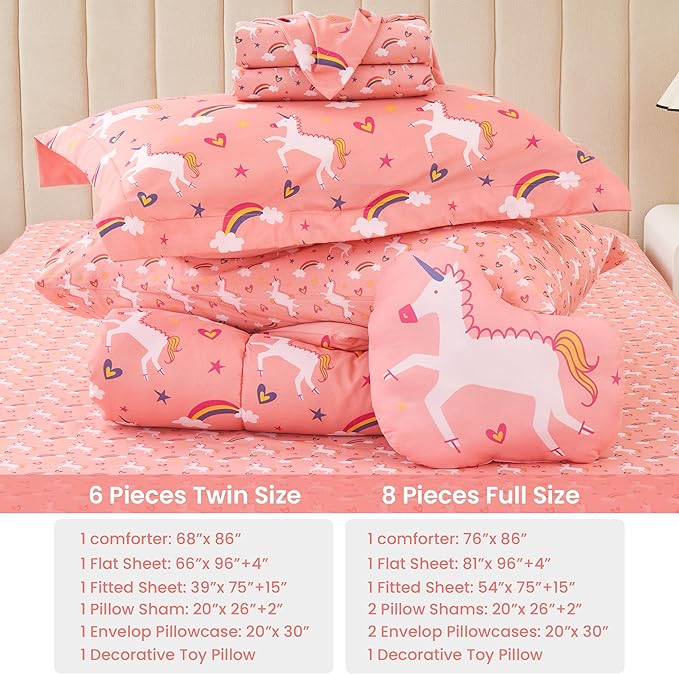 Mooreeke Full Size Comforter Sets for Girls Kids, 8 Pieces Bed in a Bag Pink Unicorn Rainbow Bedding Comforter Sheet Set with Shams and Decorative Toy Pillow, Ultral Soft Microfiber Kids Bed Set