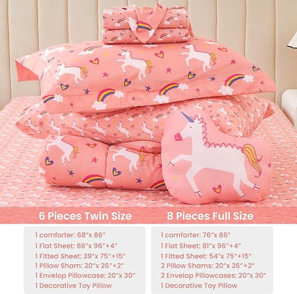 Mooreeke Full Size Comforter Sets for Girls Kids, 8 Pieces Bed in a Bag Pink Unicorn Rainbow Bedding Comforter Sheet Set with Shams and Decorative Toy Pillow, Ultral Soft Microfiber Kids Bed Set