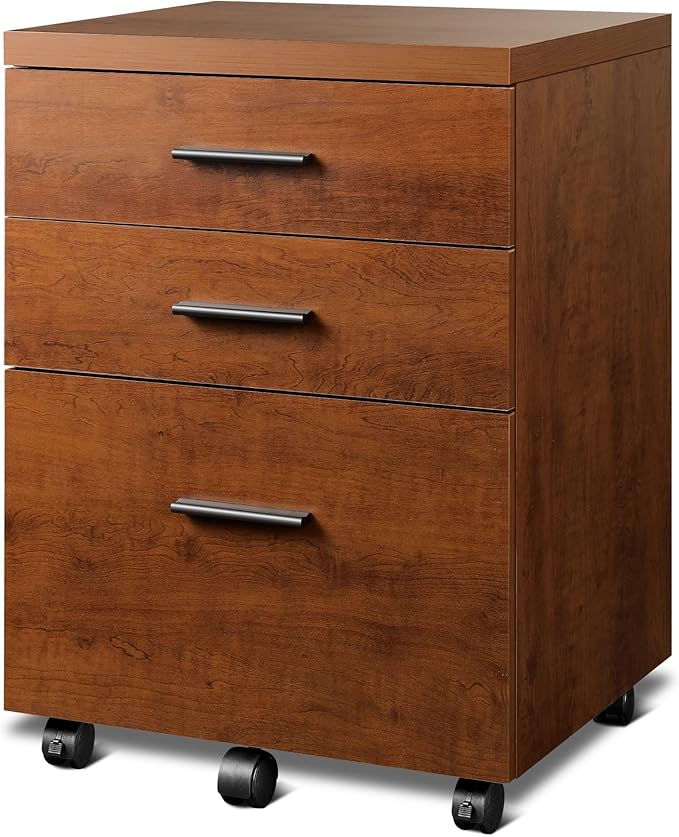 DEVAISE 3 Drawer File Cabinet for Home Office, Wood Under Desk Filing Cabinet, Rolling Printer Stand with Wheels, Walnut