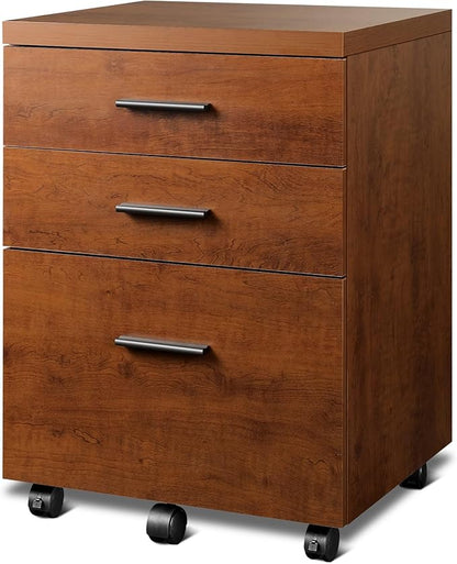 DEVAISE 3 Drawer File Cabinet for Home Office, Wood Under Desk Filing Cabinet, Rolling Printer Stand with Wheels, Walnut