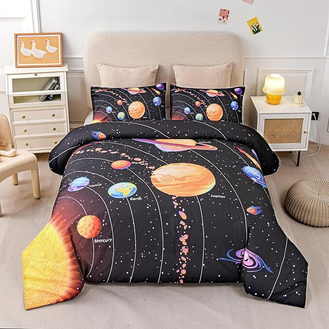 Solar System Comforter Set King Outer Space Room Decor Bedding Set 3 Pieces 1 Planets Theme Comforter and 2 Pillow Shams for Boys Kids Ultra-Soft Microfiber All Seasons for Bedroom Sofa