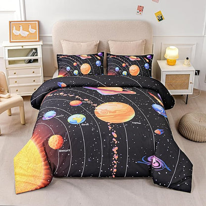 Solar System Comforter Set King Outer Space Room Decor Bedding Set 3 Pieces 1 Planets Theme Comforter and 2 Pillow Shams for Boys Kids Ultra-Soft Microfiber All Seasons for Bedroom Sofa
