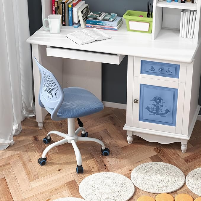 Kids Desk Chair, Blue Ergonomic Kids Office Chair Ages8-12 w/Lumbar Support, Low-Back Teen Desk Chair for Girls Boys, Small Cute Kids Computer Chair for Bedroom/Study/Vanity Desk