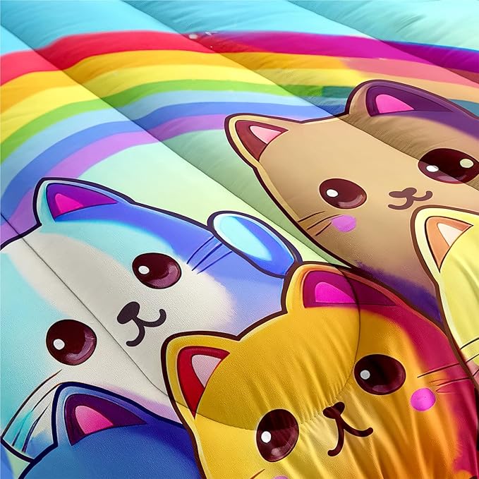 Rainbow Cat Comforter Queen Size - Rainbow Cat Bedding for Girls Room Cute Cartoon Rainbow Bedding Queen Comforter Sets for Kids, 1 Comforter+2 Pillowcases