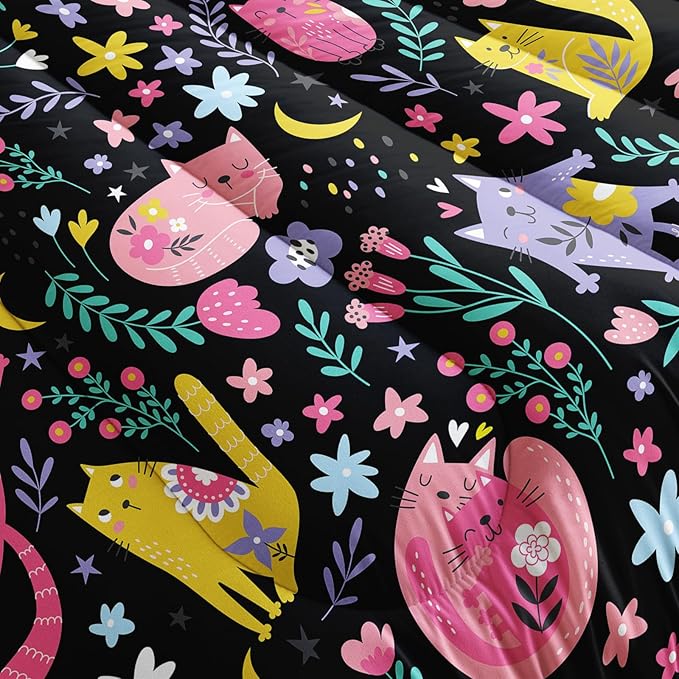 Floral Cat Comforter King Size,Black Cats Comforter Set for Kids Teens Girls,3Pcs Bedding Set Printed Comforter with 2 Pillowcases,Down Alternative,Soft and Lightweight(Black，King Size)