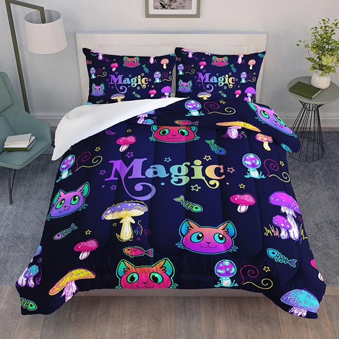 Datura home Mushroom Cat Kids Comforter Bedding Set for Boys Girls, Cartoon Mixed Color Mushroom and Cute Cat Fishbone Pattern Comforter with 2 Pillowcases(Mushroom Cat Queen)