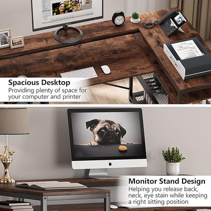 Tribesigns L Shaped Desk with Storage and Monitor Stand, Industrial Home Office Computer Desk with Storage Shelves, 59 Inch Corner Desk with Monitor Shelf(Brown)