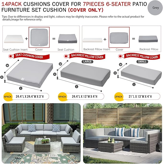 ClawsCover 14Pack Outdoor Patio Seat and Back Cushions Replacement Covers Fit for 7Pieces 6-Seater Wicker Rattan Sectional Couch Chair Furniture Set,Gray-Include Cover Only (Small)