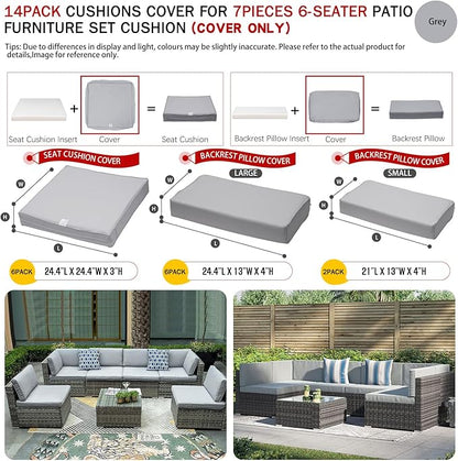 ClawsCover 14Pack Outdoor Patio Seat and Back Cushions Replacement Covers Fit for 7Pieces 6-Seater Wicker Rattan Sectional Couch Chair Furniture Set,Gray-Include Cover Only (Small)
