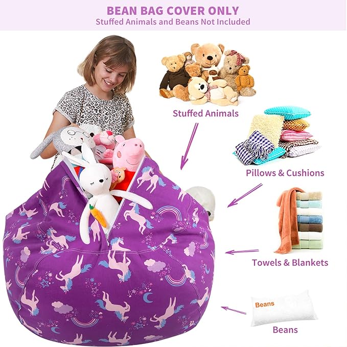 Aubliss Stuffed Animal Bean Bag Storage Chair (Purple Unicorn, X-Large (48''))