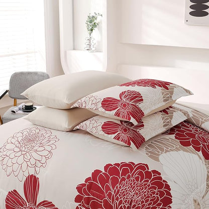 Yiran 7 Pieces King Comforter Set Red Floral Bed in a Bag Soft Microfiber Bedding Set 103"×90"(1 Comforter 1 Flat Sheet 1 Fitted Sheet 2 Pillowshams 2 Pillowcases)